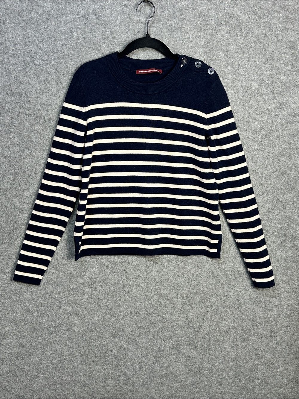 Comptior des Cotonniers French Girl M Navy White Stripe 3 Button Classic Sweater